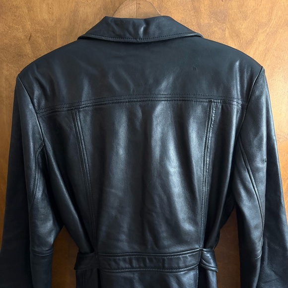 Vintage 90s Black 100% Leather Trench Coat Jacket Y2K Tie Mcbling Mall Goth Boxy - Picture 5 of 16